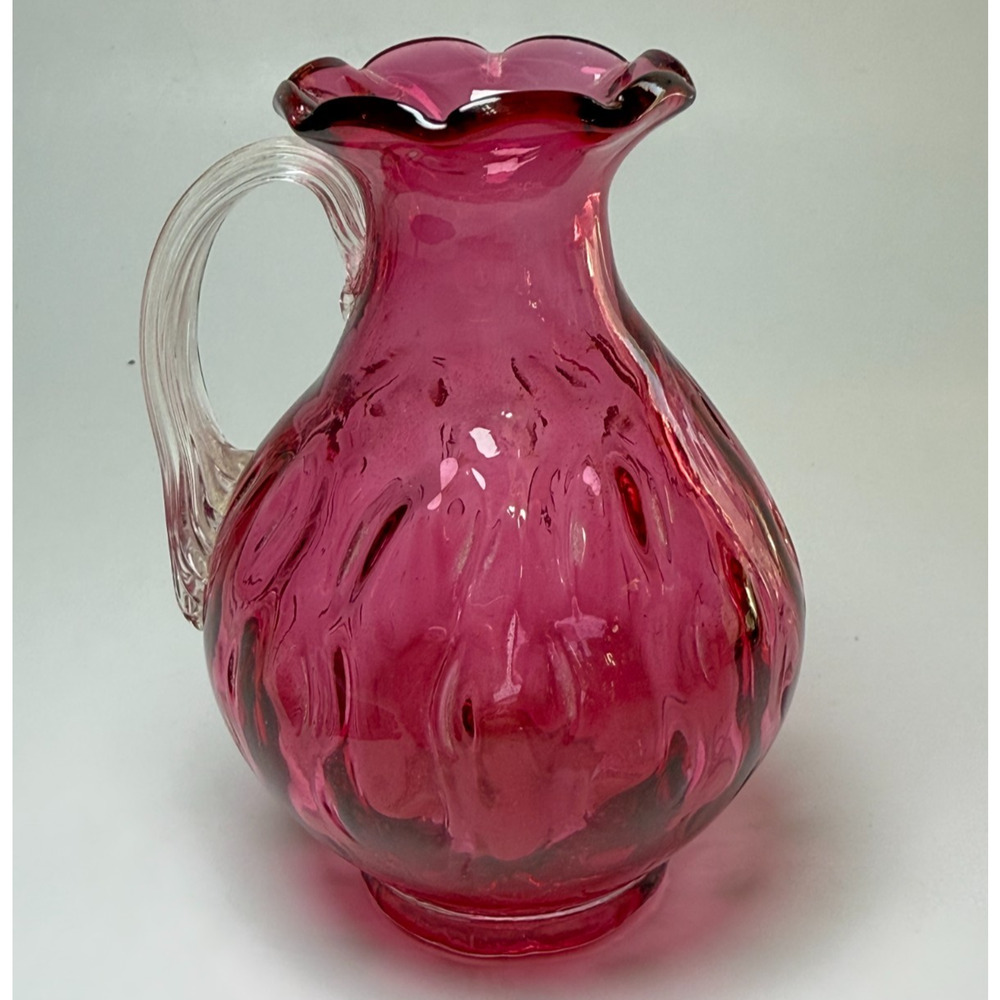 Vintage Pink Cranberry Dot Optic Small Ruffled Creamer Pitcher Clear Handle